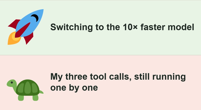 Original two-row reaction meme. Rocket: ’Switching to the 10× faster model’. Turtle: ’My three tool calls, still running one by one’.