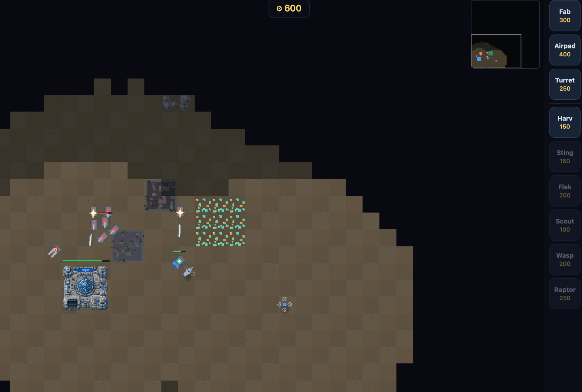 Game screen. Down the right are text icons to build Fab, Airpad, Turret, Harv, Sting, Flak, Scout, Wasp, Raptor. There is a blocky fog of war on a 2D battlefield. There are some gems, an HQ building being attacked by badly rendered tanks, and some blue vehicles dotted around. It's not very visually impressive but it does look like a basic RTS.