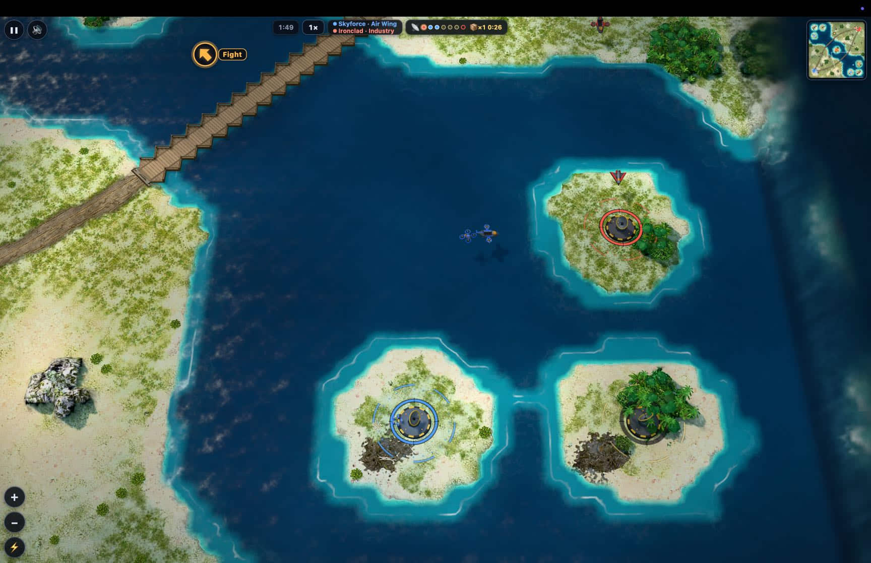 Three islands, each with an uplink satellite. Blue holds one, red holds another, A blue condor is flying towards the red island, which is guarded by a red plane. There is a bridge nearby. The theme is tropical islands and looks very pleasant.