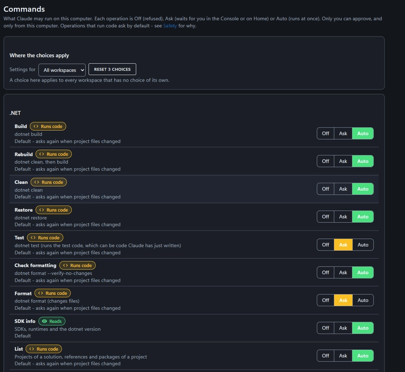 The Commands page showing Off, Ask and Auto gates for each operation