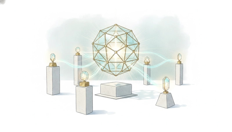 A network of glowing brass and crystal terminal nodes situated on clean geometric pedestals, seamlessly tethered by glow