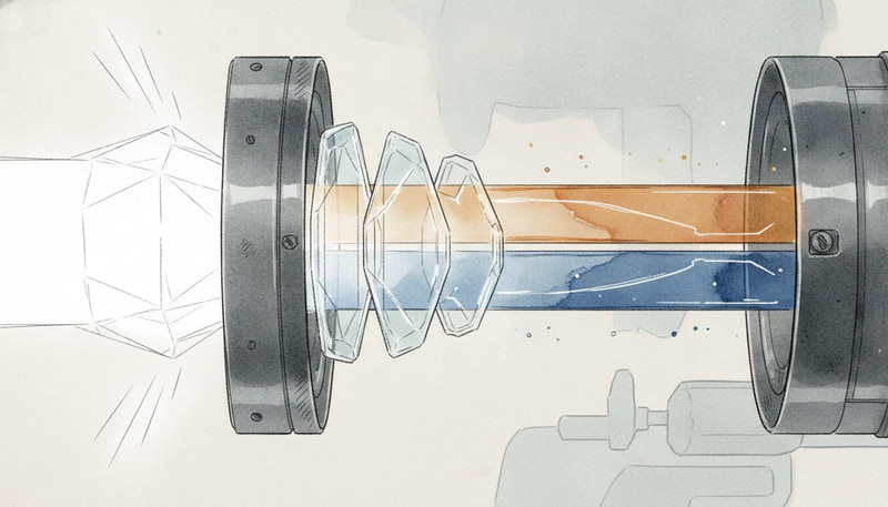 A precision optical chamber where a single multifaceted beam of white light passes through tiered glass lenses, refracti