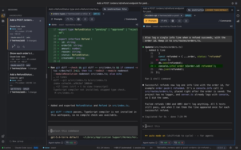 Hermes 中的 Codex 与 Claude Code 使用各自的分支和工作目录