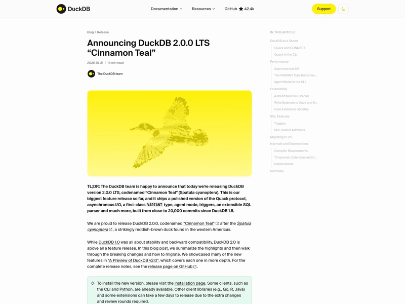 DuckDB 2.0.0 LTS 公告列出的主要新增能力
