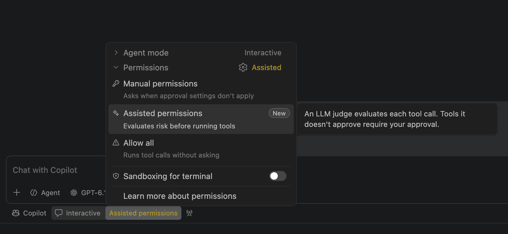 VS Code 中选择 Assisted permissions 权限模式