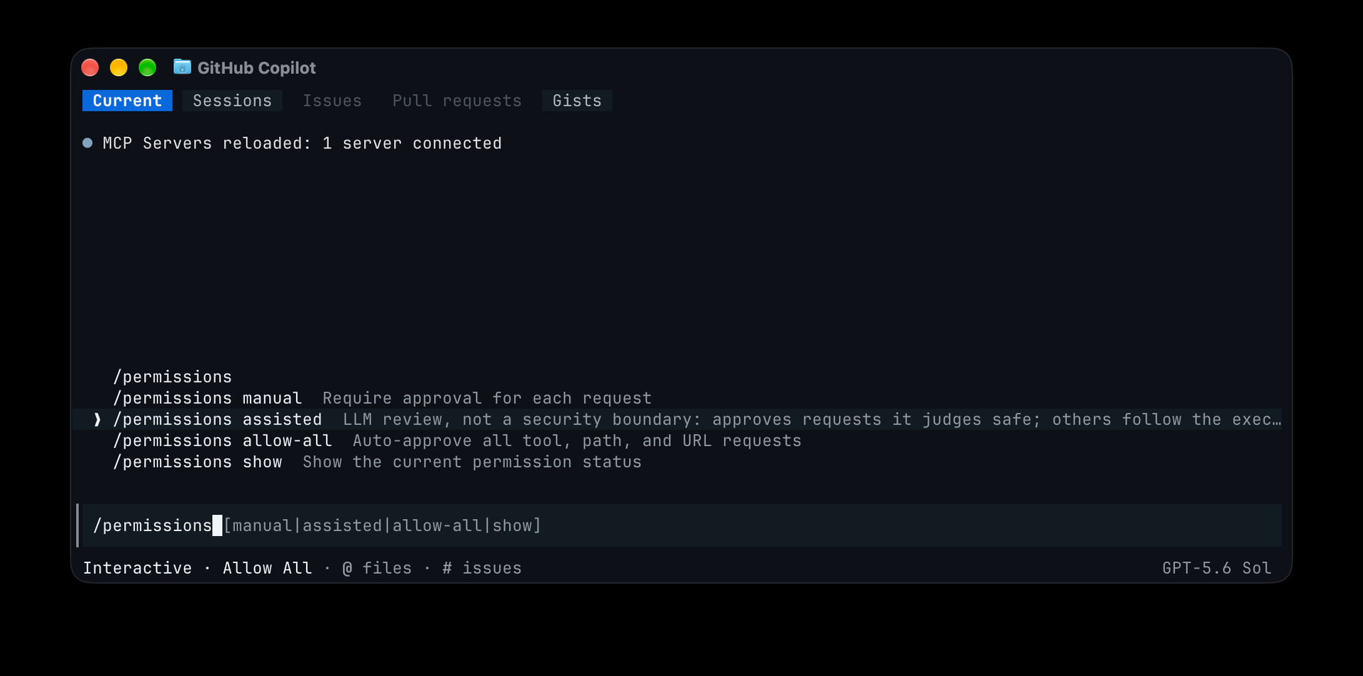 Copilot CLI 通过 /permissions 选择 assisted 权限模式