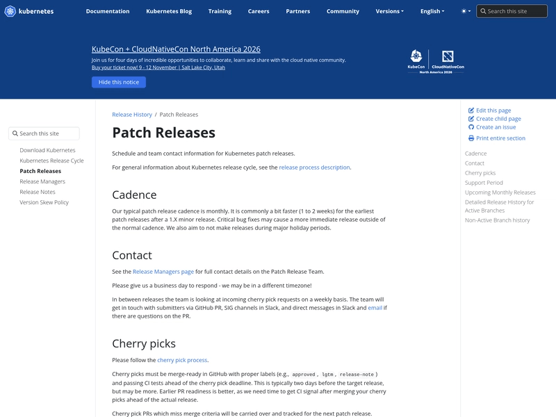 Kubernetes 补丁发布页对支持周期及维护模式的说明