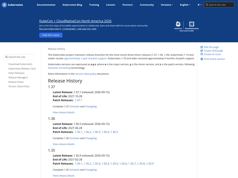 Kubernetes 发布页中的分支版本、最新补丁与维护截止日期