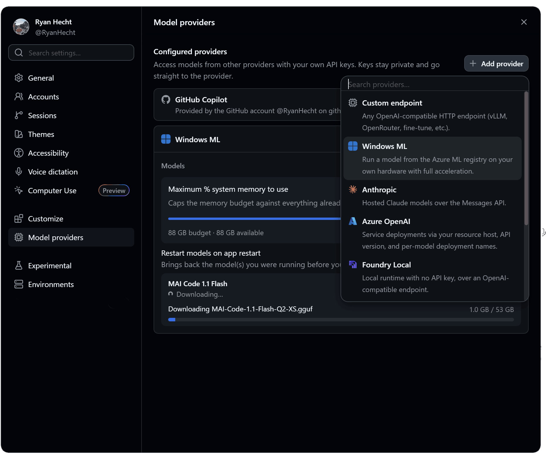Copilot app 展示 MAI Code 1.1 Flash 下载及自带模型的提供方选项