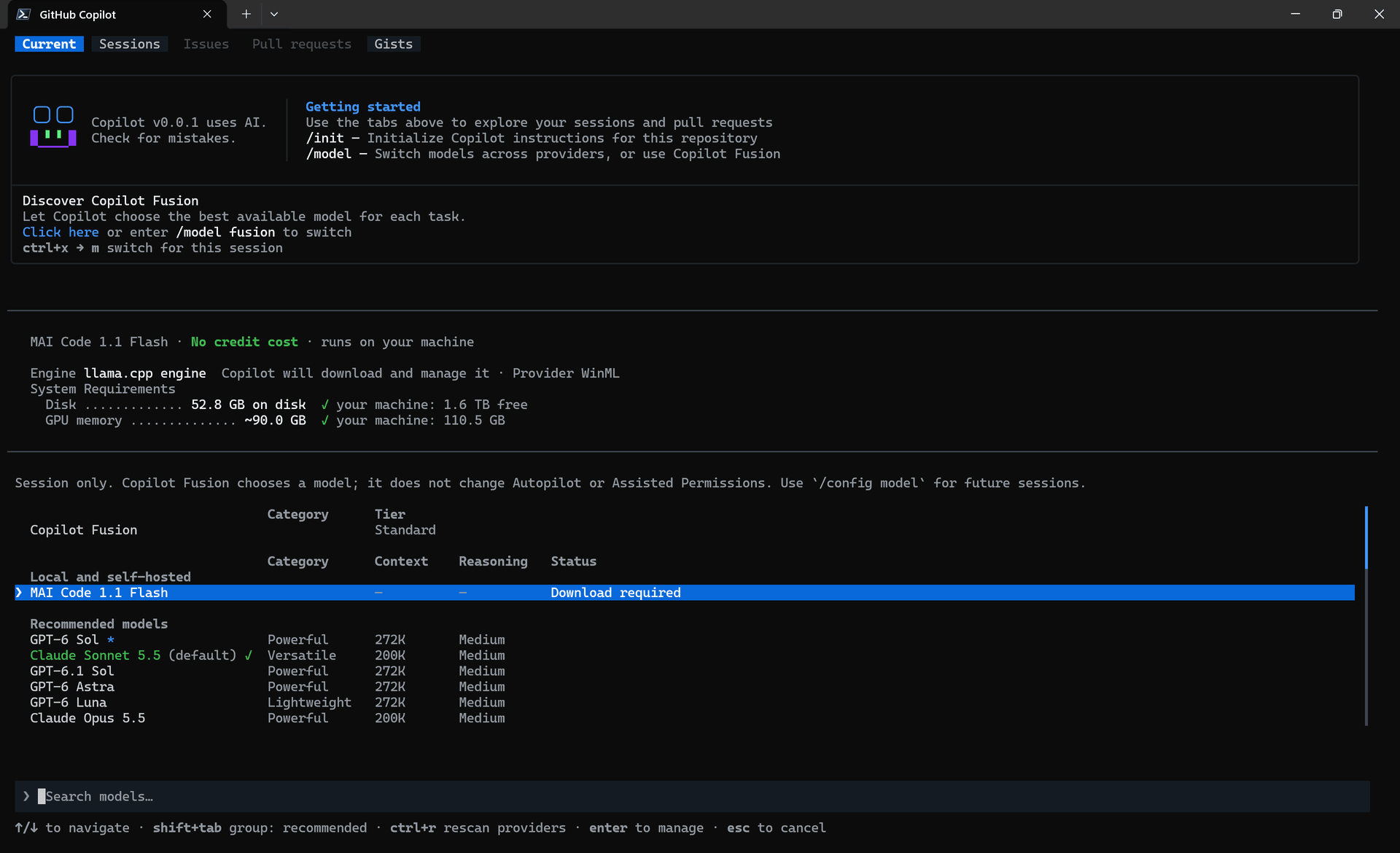 Copilot CLI 展示 MAI Code 1.1 Flash 的下载、系统要求和模型选择入口