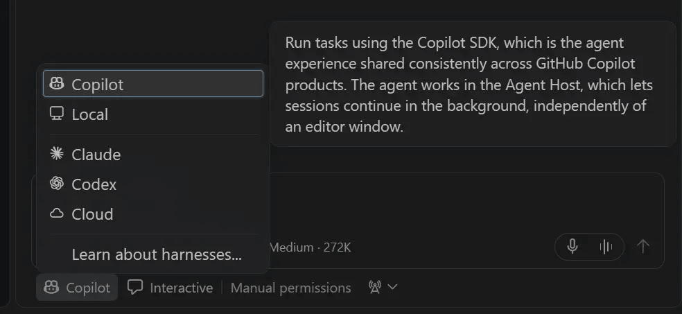 Copilot harness 说明其与 SDK 和 Agent Host 的集成