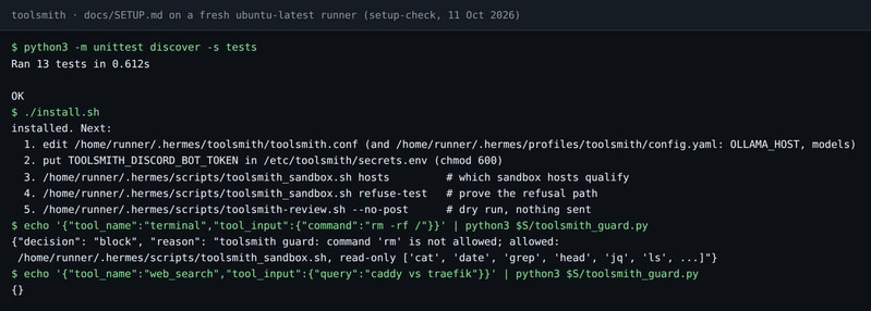全新 GitHub runner 上的安装与守卫检查，13 项测试通过