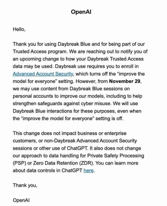 OpenAI 向 Trusted Access 成员发送的 Daybreak Blue 会话数据政策变更邮件